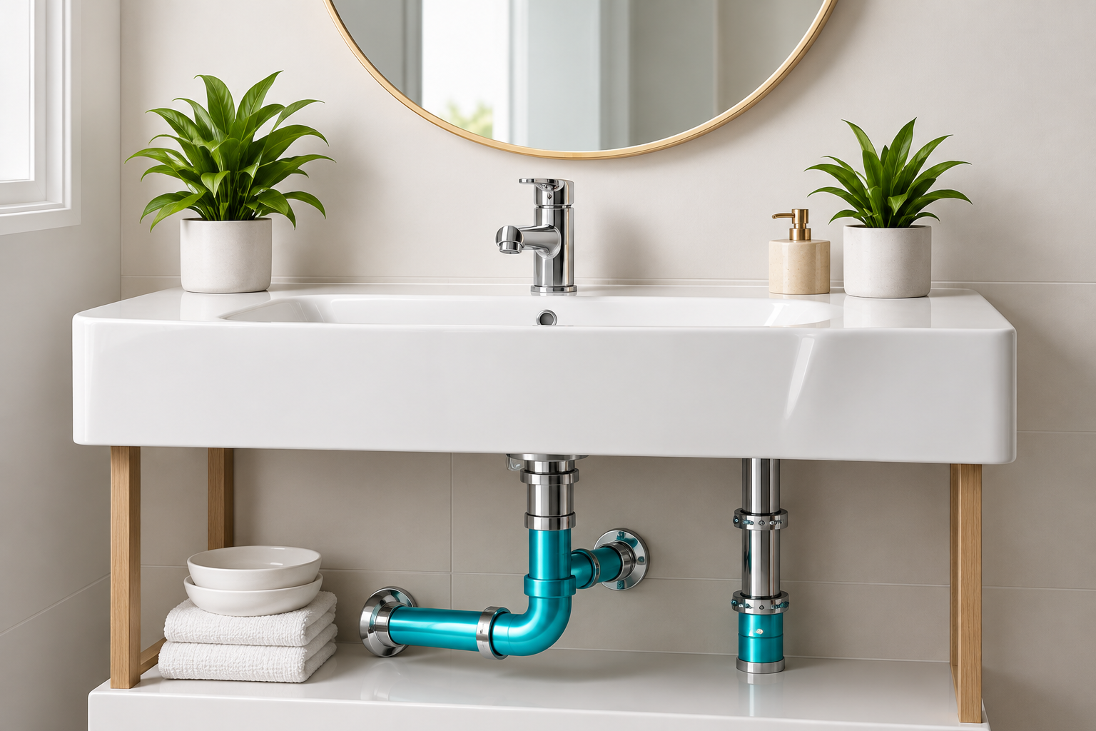 Turkuaz tesisat bağlantıları görünen beyaz banyo lavabosu.